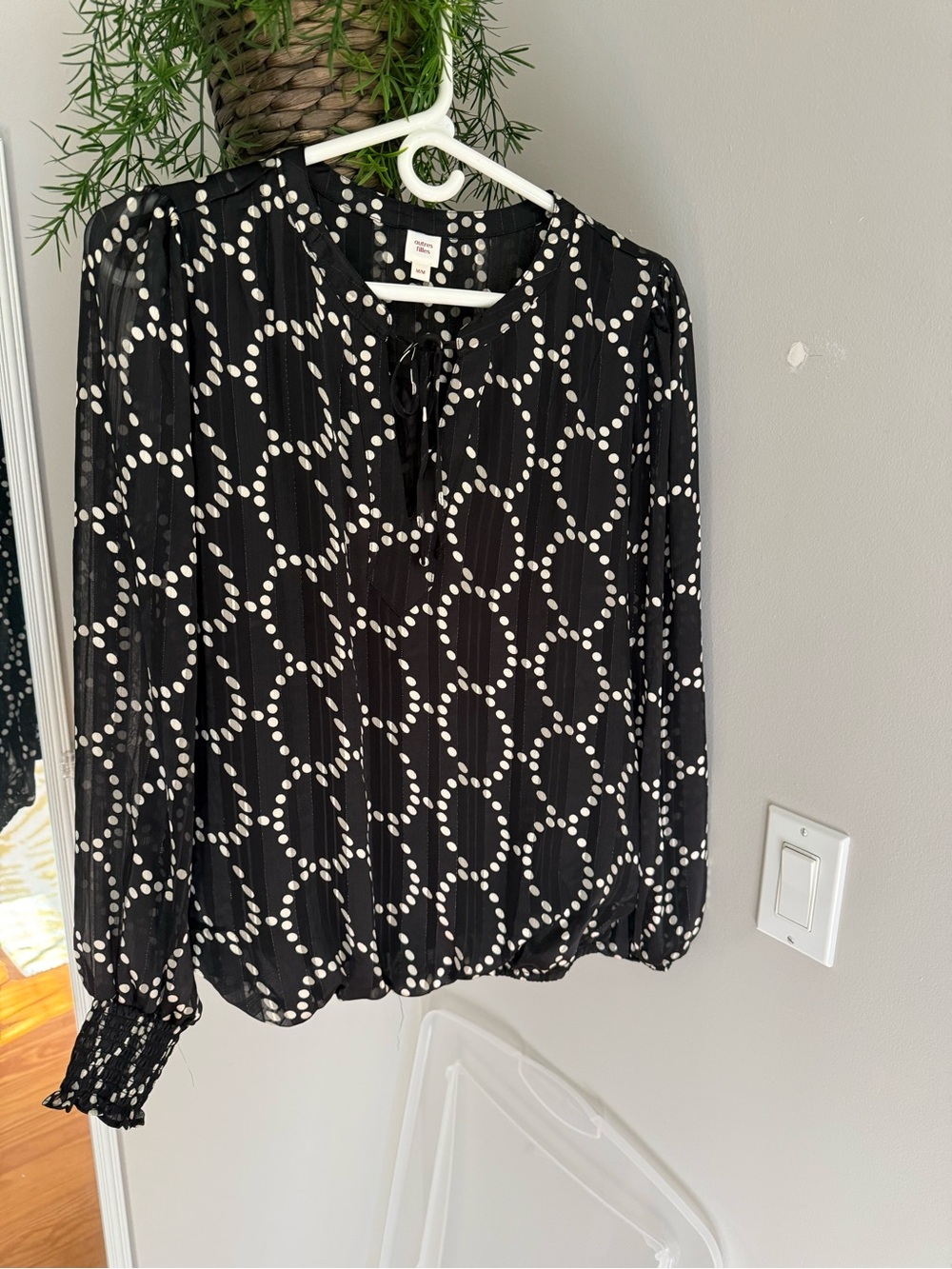 Black Polka-Loop Long-Sleeve Blouse with Tie Neck